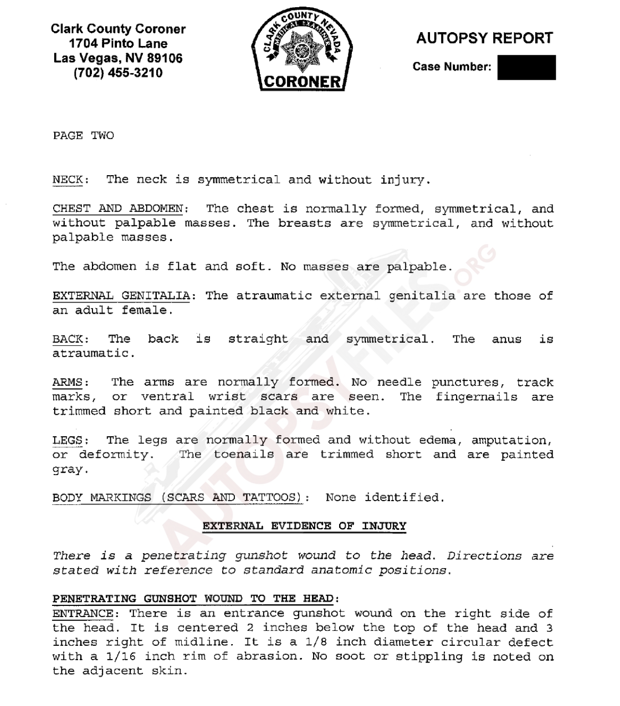 Clark County Coroner Autopsy Report showing entry wound documentation